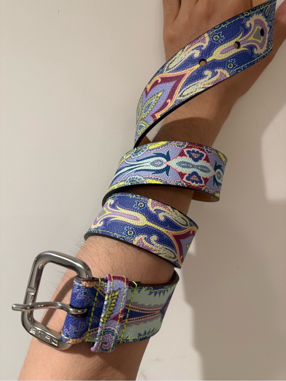 Etro Mens Blue Green Paisley Leather Belt